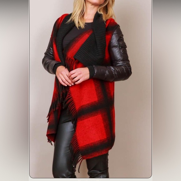 Sosken Red Plaid Wool & Down Fringe Jacket XS - Picture 2 of 5